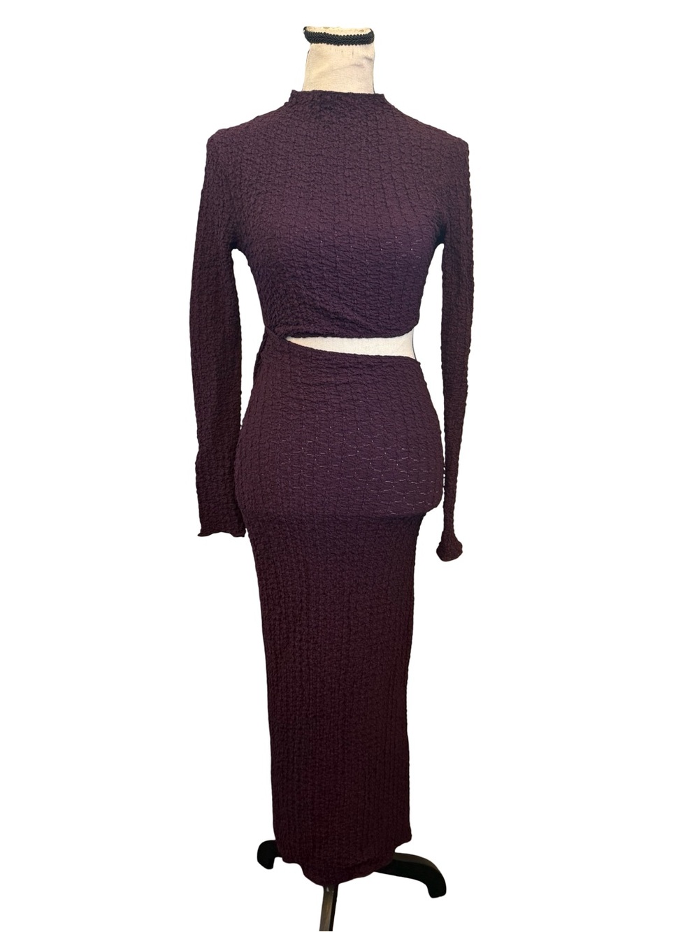 Zara Textured Cutout Maxi Dress Burgundy Long Sleeve Mock Neck Bodycon Size S